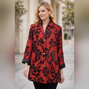 3 Sisters Red & Black Brocade Trench Coat Sz. XL